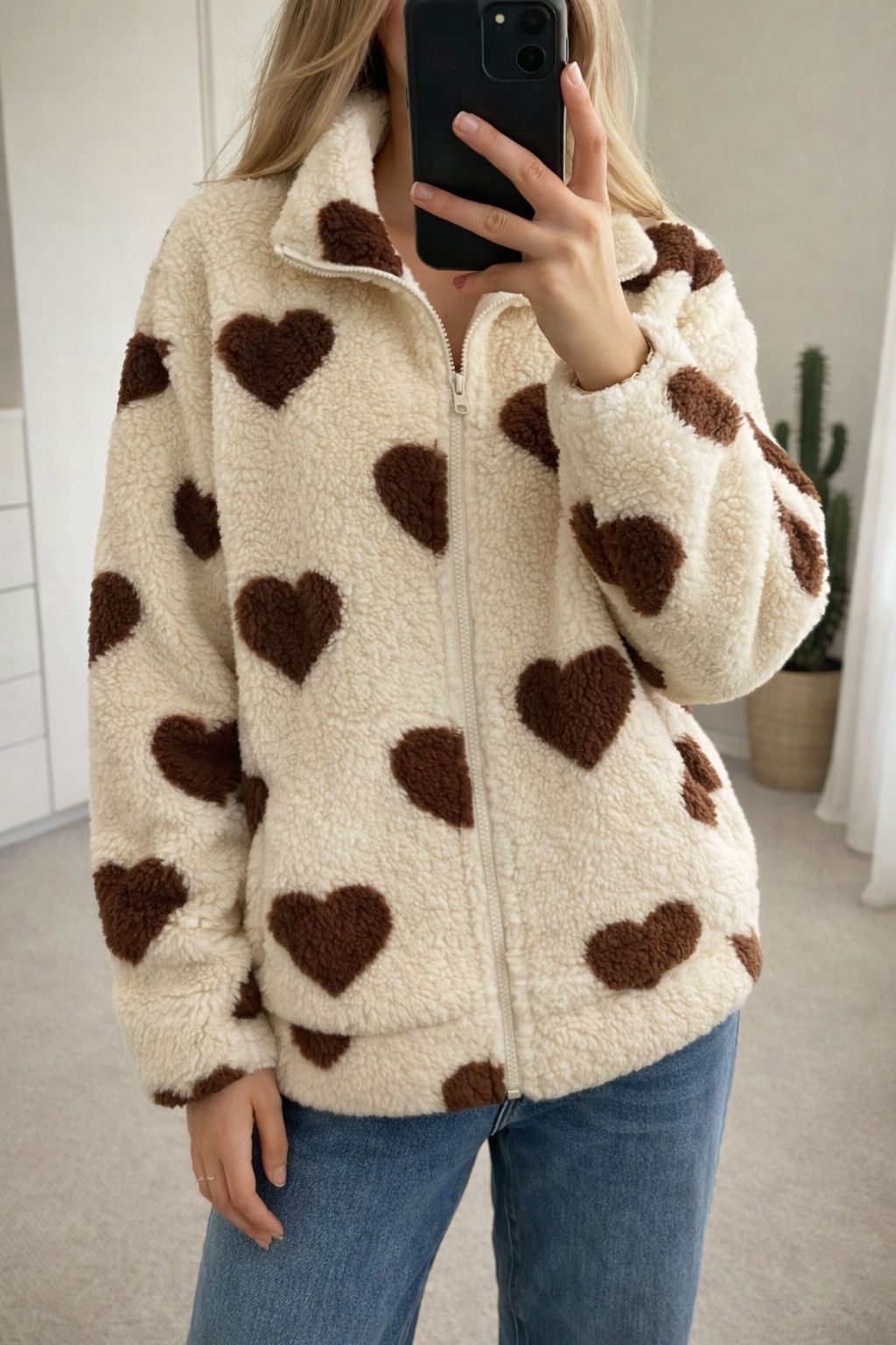 Veste teddy à cœurs marron neuf T.36/38 oversize