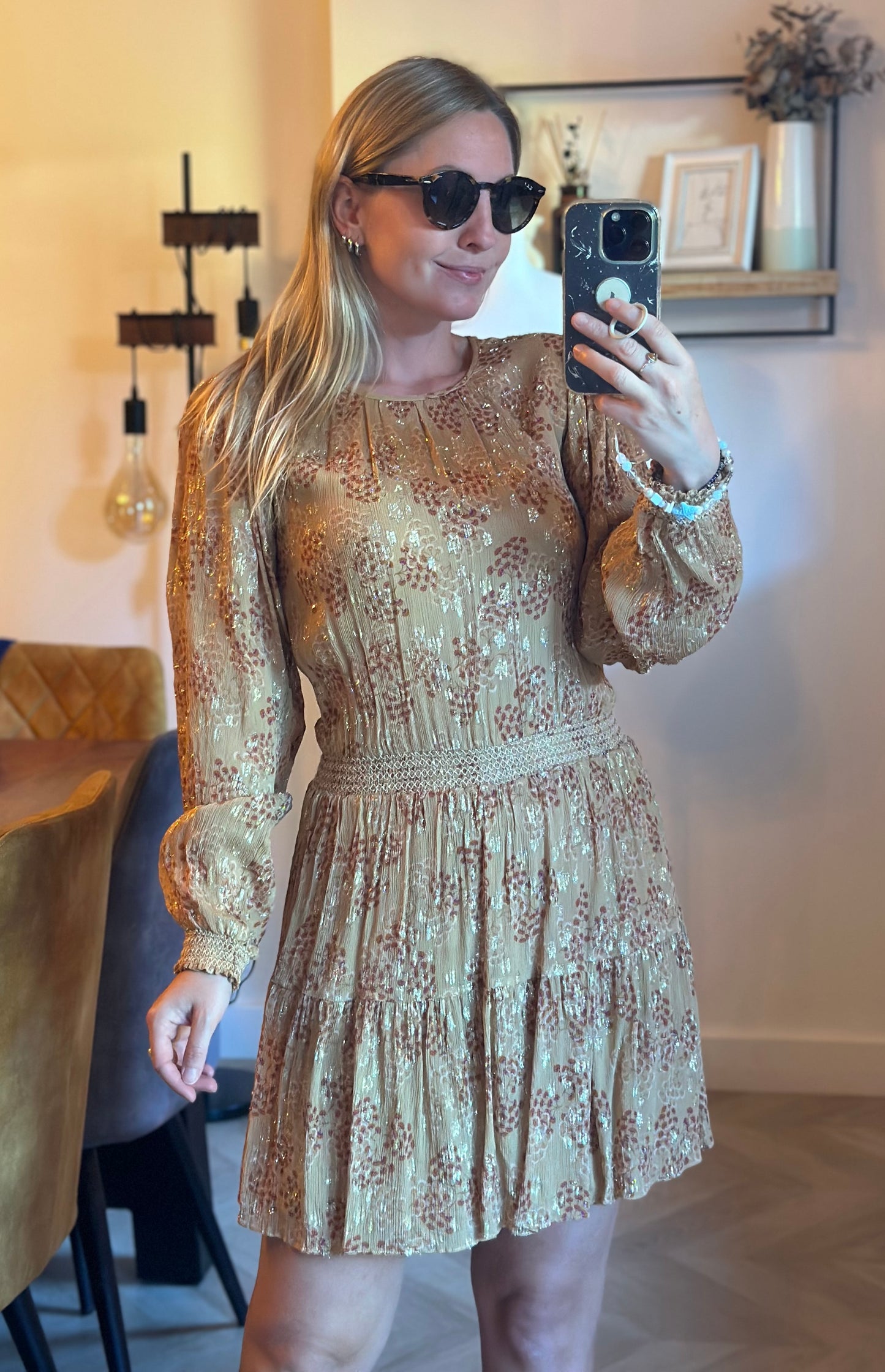 Robe midi imprimé fleuri beige nude et lurex doré taille 34