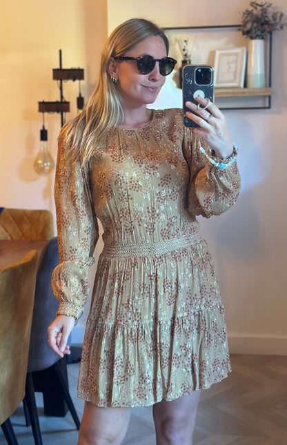Robe midi imprimé fleuri beige nude et lurex doré taille 34