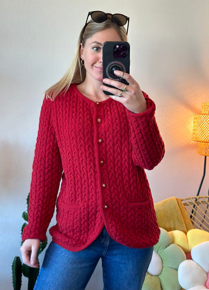 Cardigan rouge en laine, maille torsadée, Vintage T.38/40