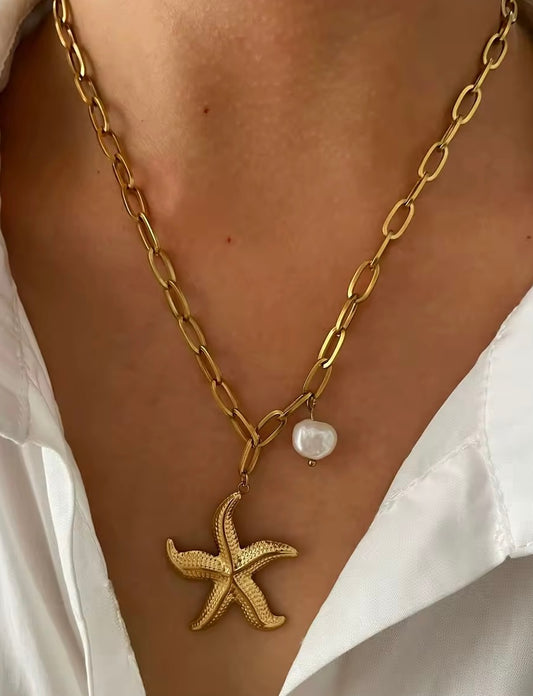 Collier pendentif en acier inoxydable, étoile de mer, perle d’eau douce naturelle