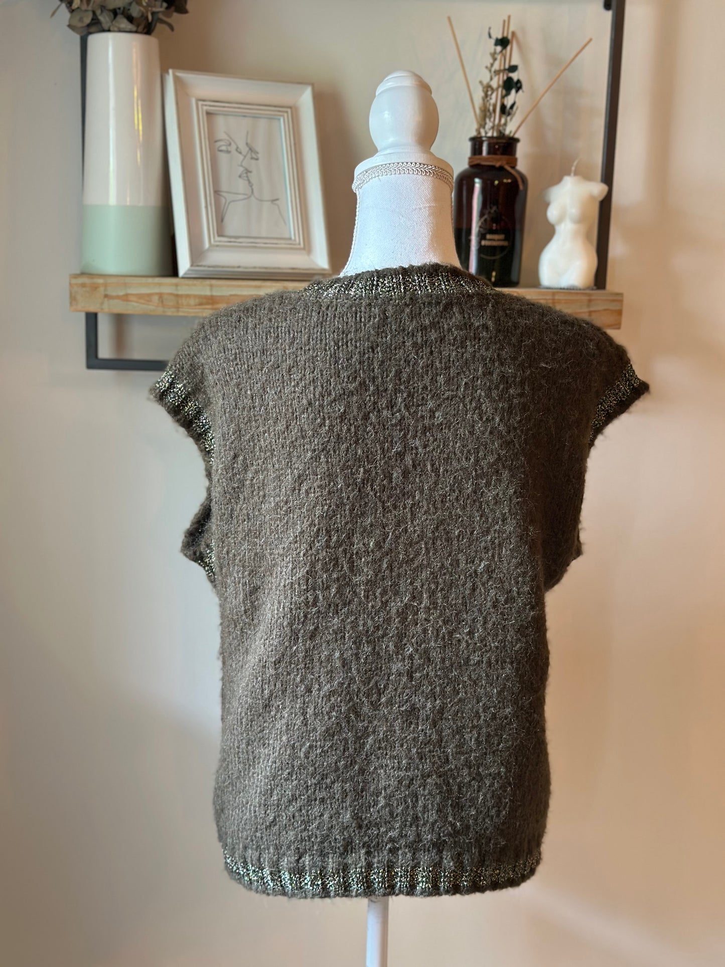 Pull sans manches maille duveteuse laine kaki T.36/38 oversize