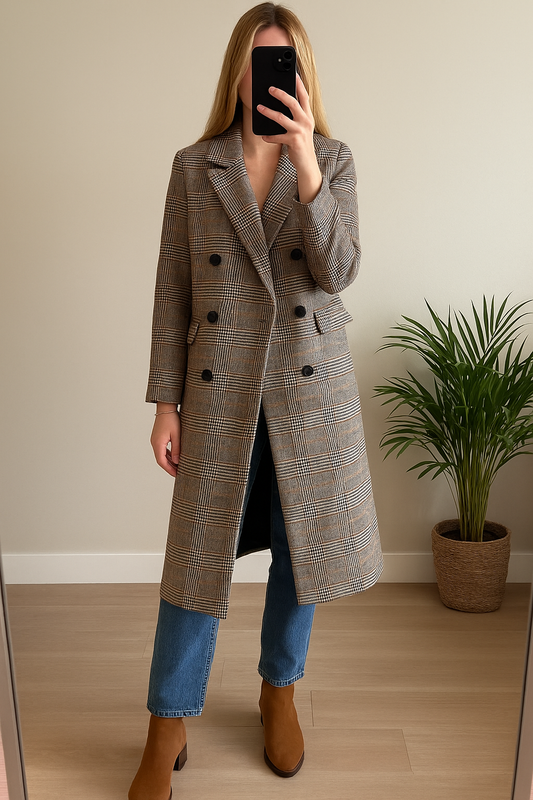 Manteau long pied-de-poule en laine T.34