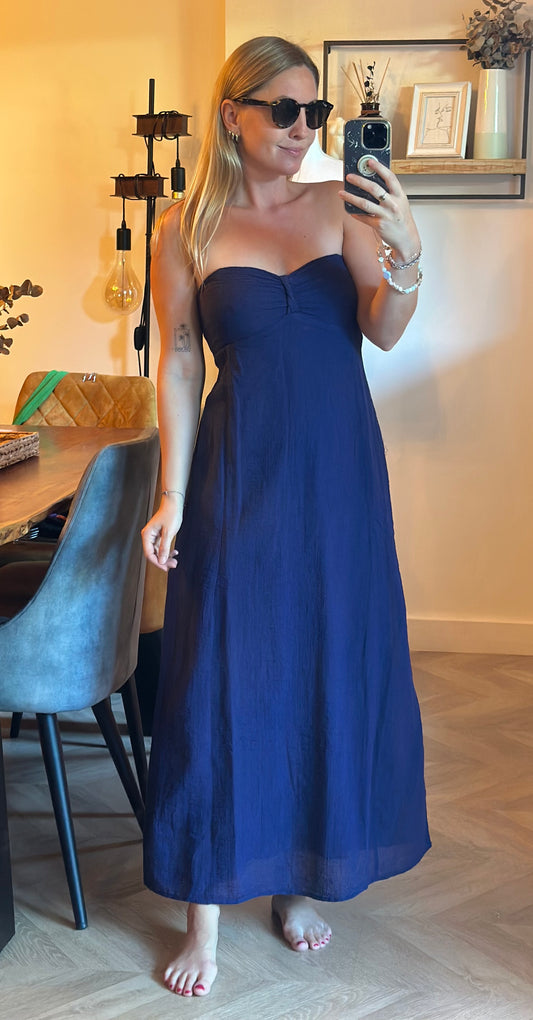 Robe longue bustier en gaze de coton bleu marine T.38