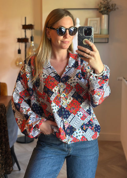 Chemise vintage imprimé patchwork fleuri made in France T.U