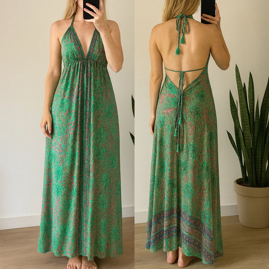 Robe longue imprimé fleuri, dos nu, en soie T.U