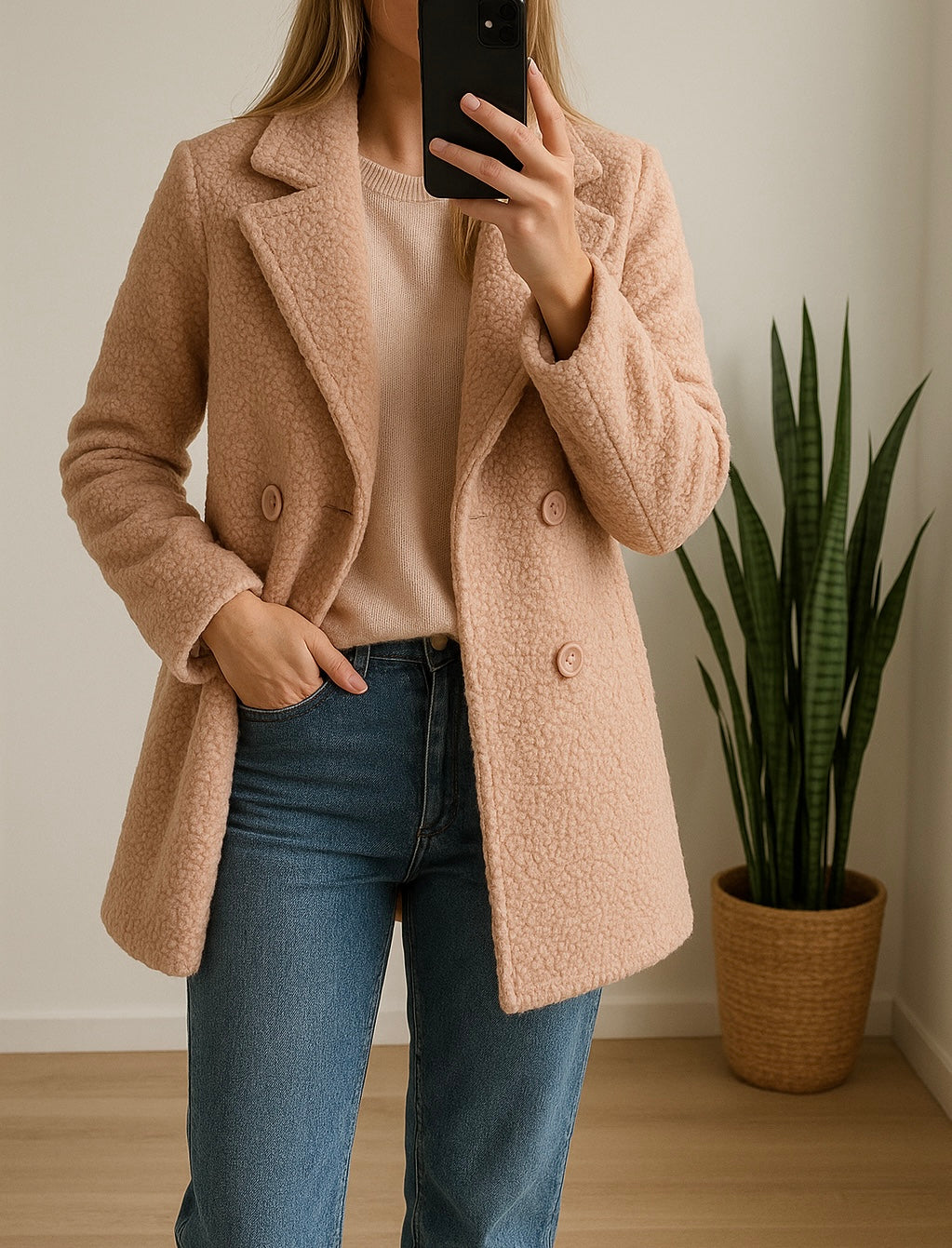 Manteau en bouclette rose clair doublé fabriqué en Italie T.36