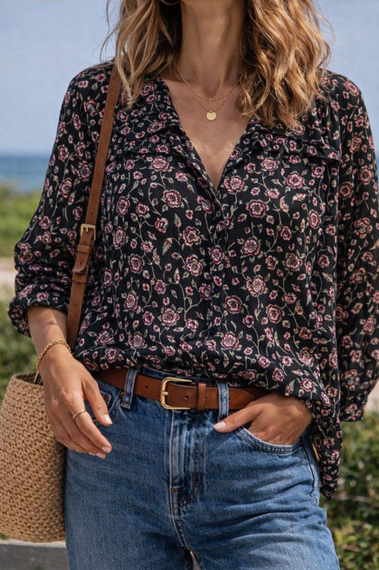Blouse fluide imprimé floral noir T.44