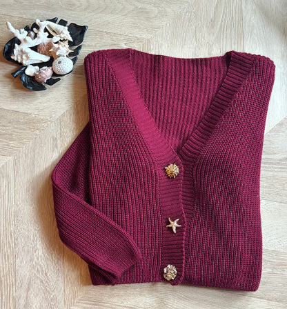 Gilet court maille bordeaux boutons bijoux dorés T.U (34 au 40)