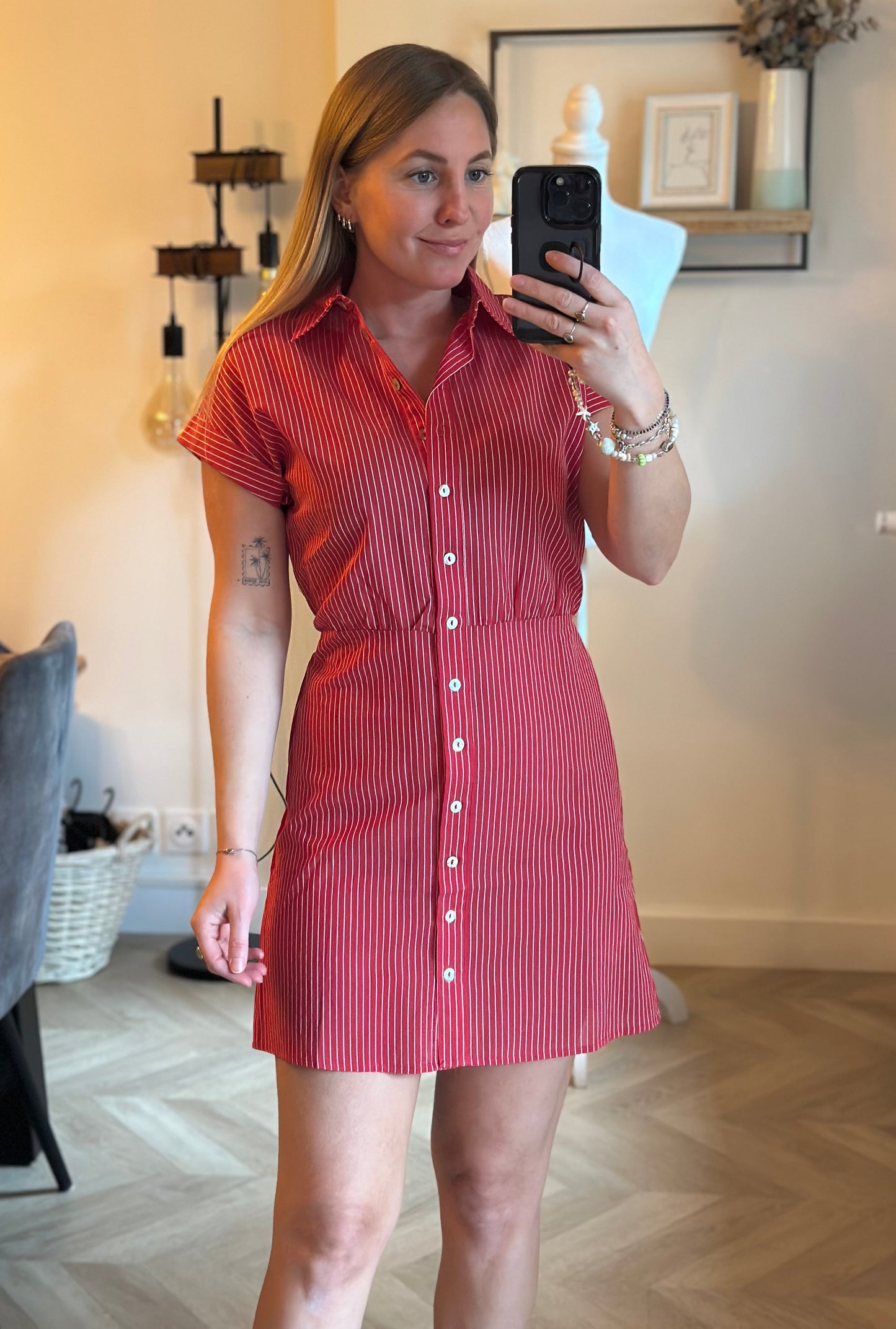 Robe chemise rayée rouge coton lyocell T.34 neuf avec étiquette