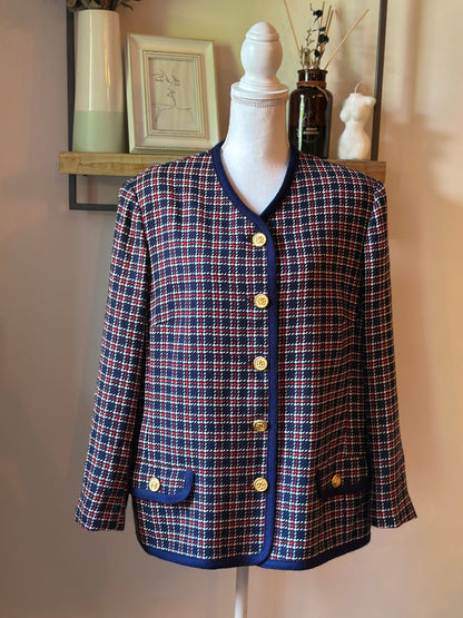 Veste vintage laine à carreaux bleu marine rouge et blanc T.42