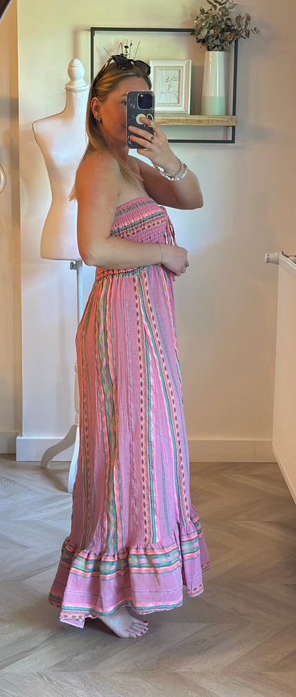 Robe longue bustier rayures multicolores en gaze de coton T.U