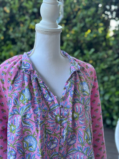 Blouse bohème modèle Raquel rose à motifs T.U (36 au 42)