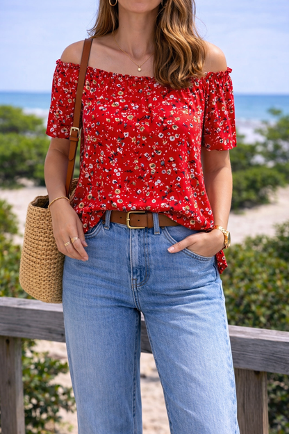 Top rouge imprimé fleuri T.34