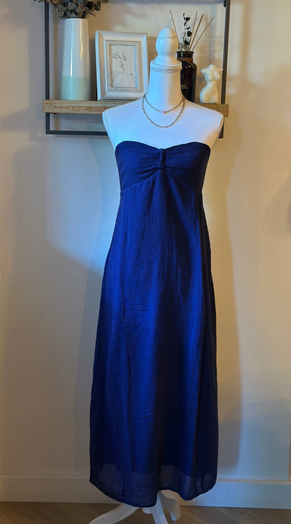 Robe longue bustier en gaze de coton bleu marine T.38