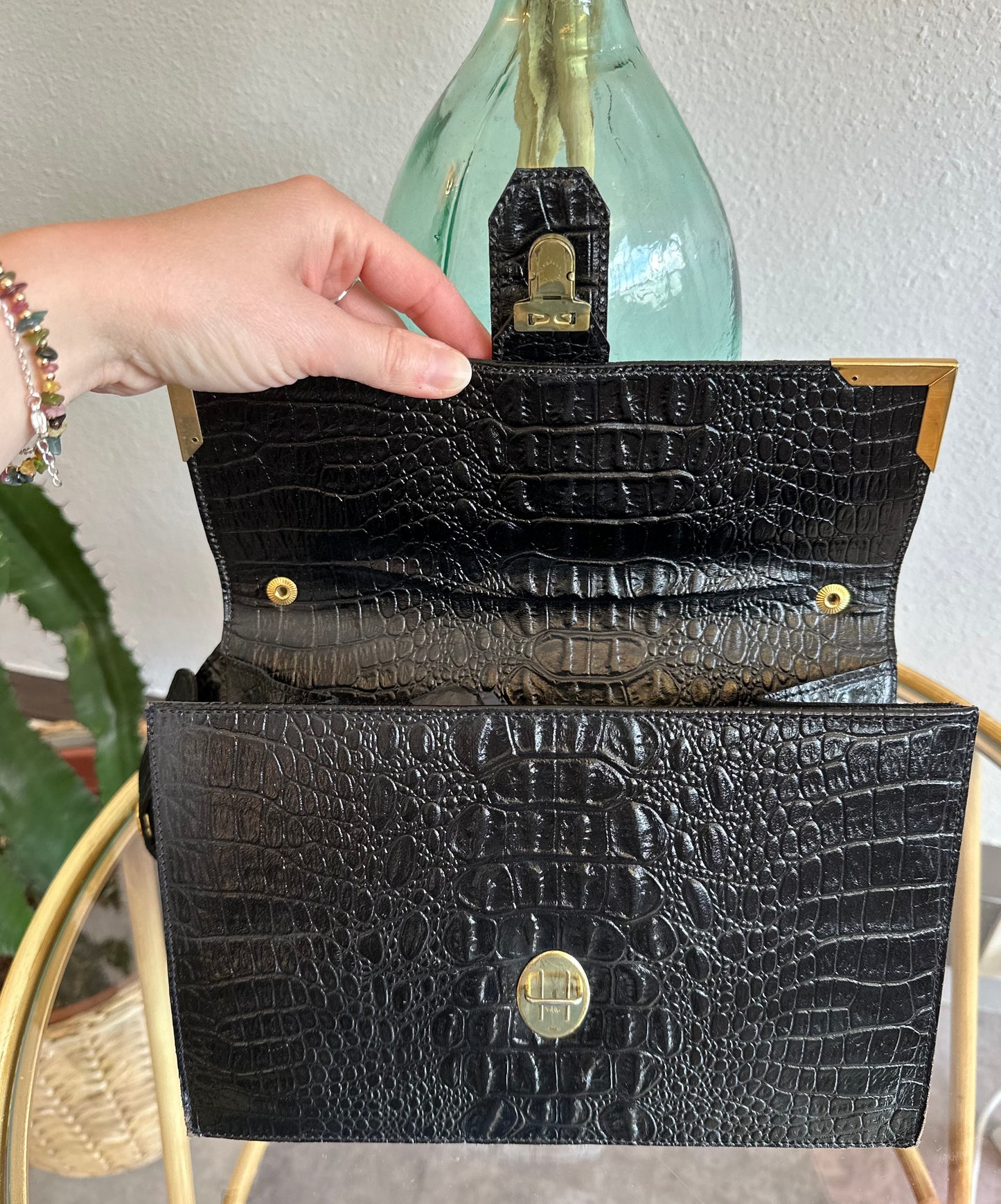 Sac porté épaule ou à main en cuir croco vintage, fabriqué en France