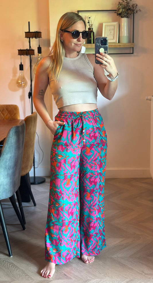 Pantalon fluide large imprimé rose et turquoise T.34 neuf