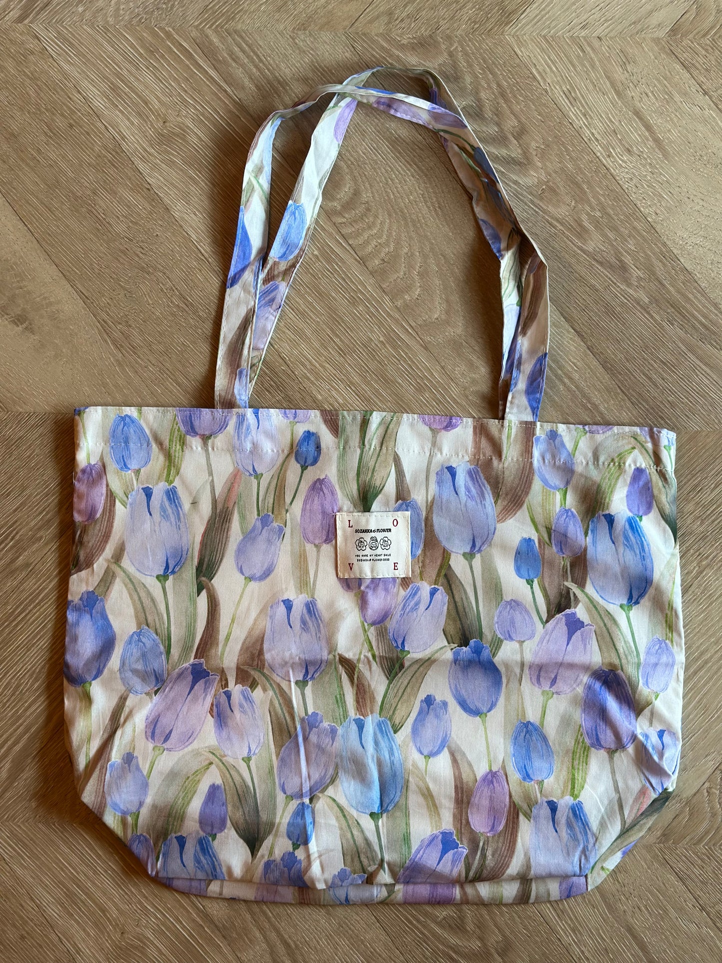 Sac tote bag en tissu imprimé de tulipes lila bleu neuf