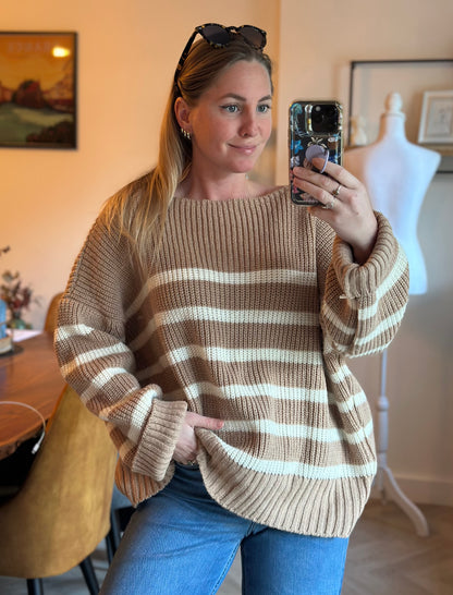 Pull marinière oversize beige rayé blanc T.U (42 au 48)