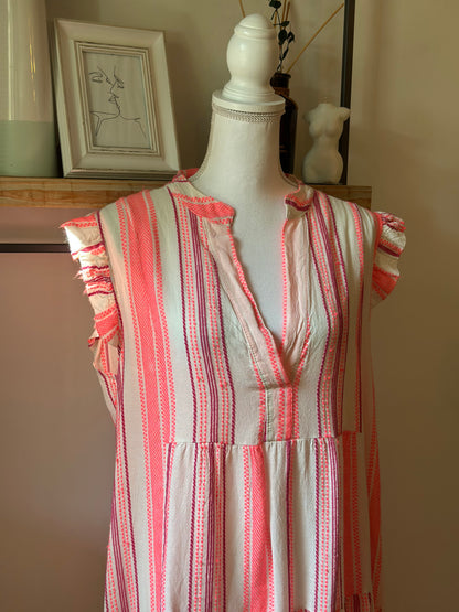 Robe bohème rayée rose fluo coton viscose T.U