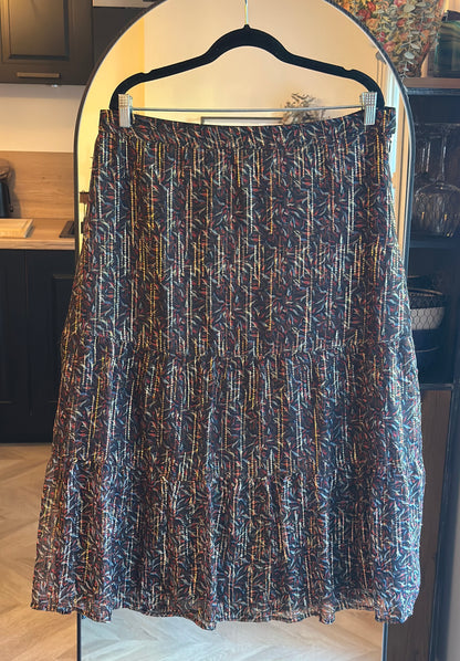 Jupe midi imprimée à fils lurex dorés T.44