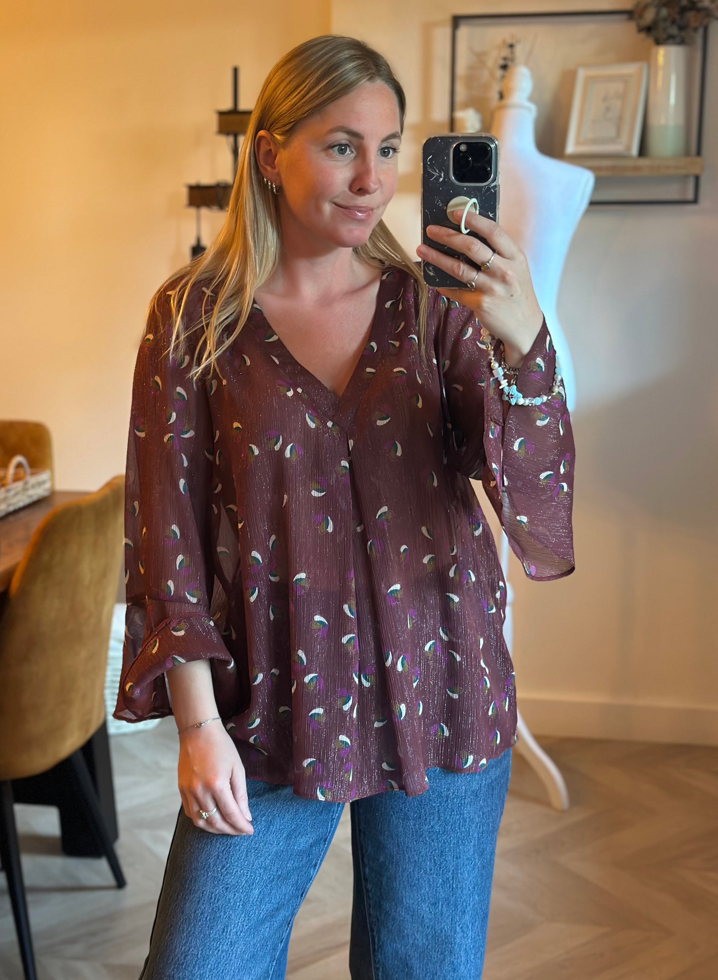 Blouse fluide imprimée bordeaux motifs T.42