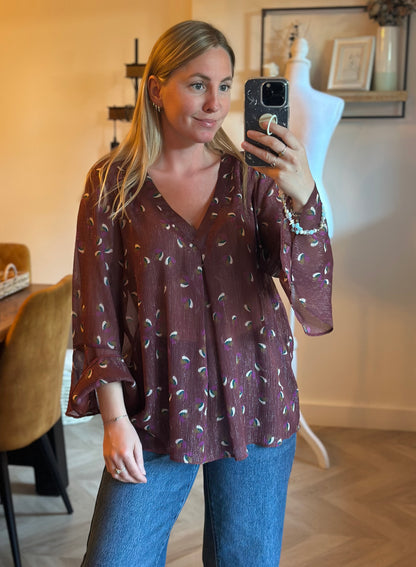 Blouse fluide imprimée bordeaux motifs T.42