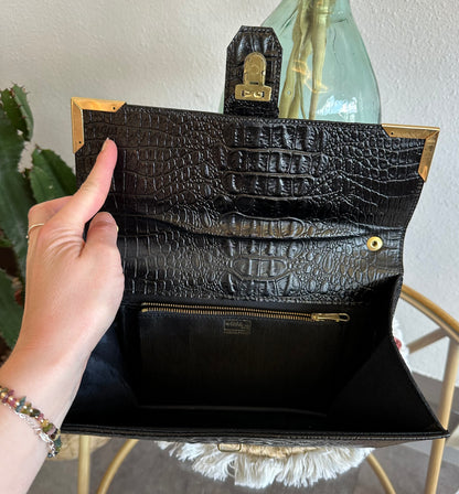 Sac porté épaule ou à main en cuir croco vintage, fabriqué en France