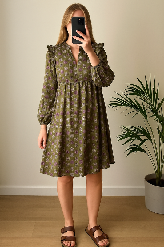 Robe bohème à fleurs kaki et violettes T.38