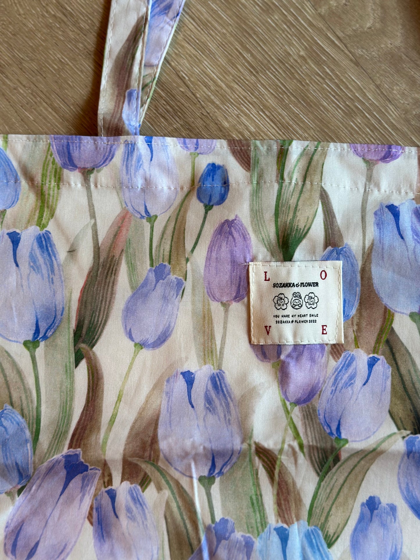 Sac tote bag en tissu imprimé de tulipes lila bleu neuf