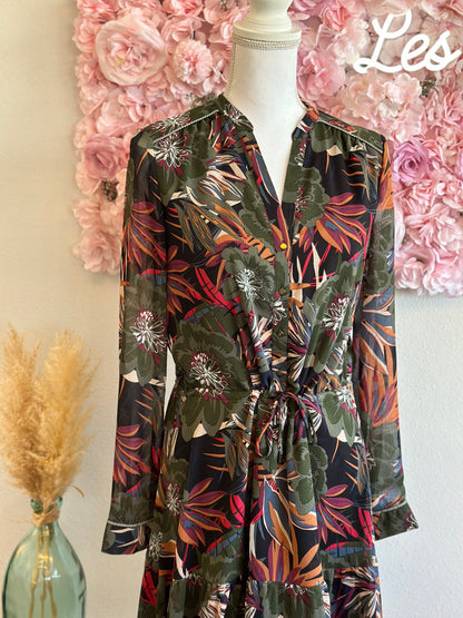 Robe midi fluide motifs fleuris tropical T.40