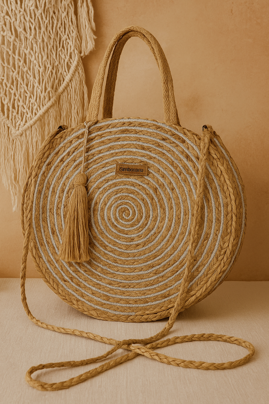 Sac rond d’été en toile de jute avec détails argentés