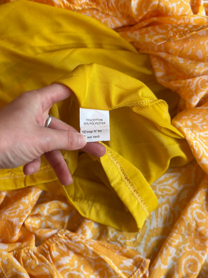 Robe midi imprimé jaune, neuve avec étiquette T.36/38