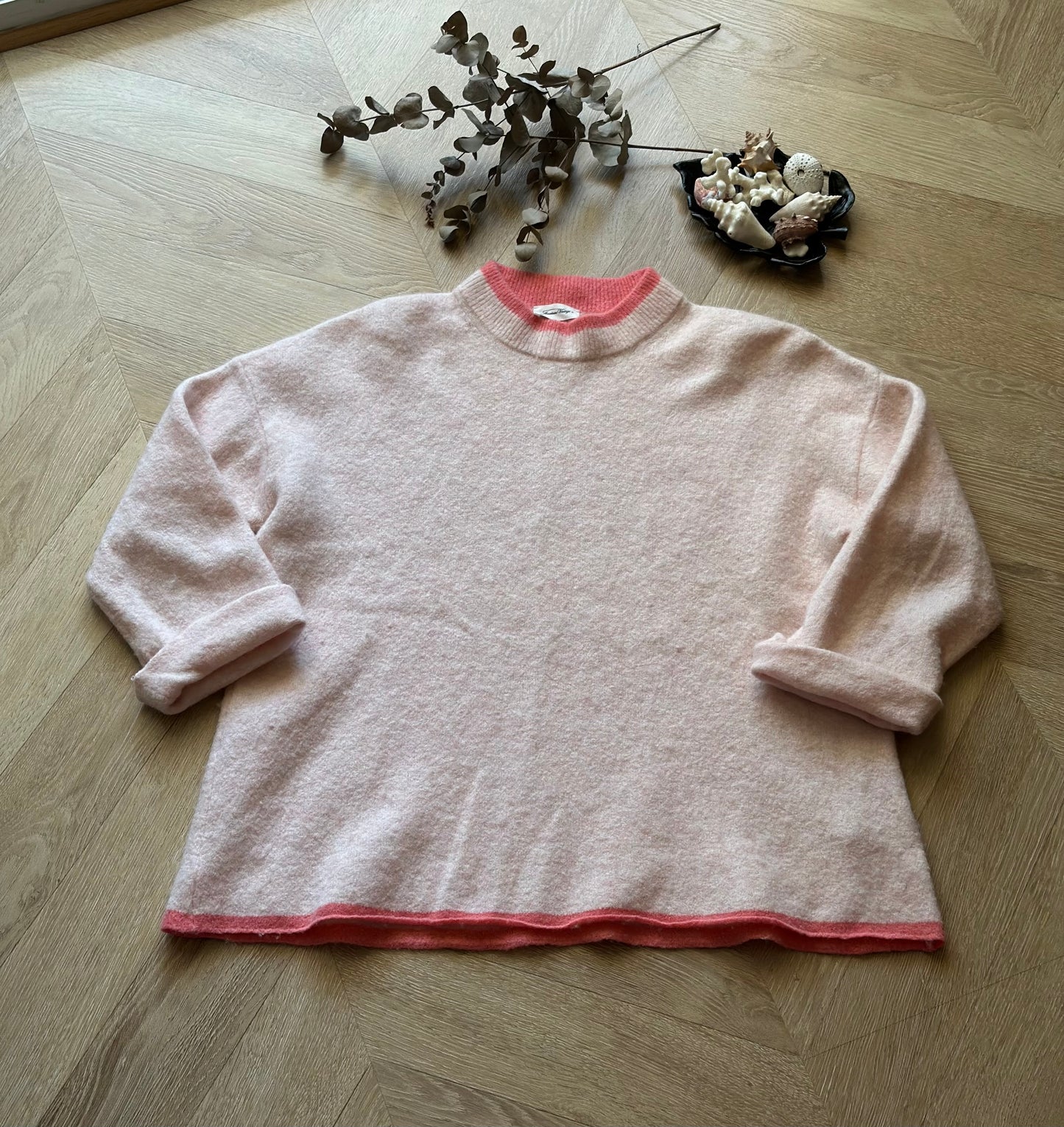 Pull rose en laine American Vintage col contrasté – T.34/36 oversize