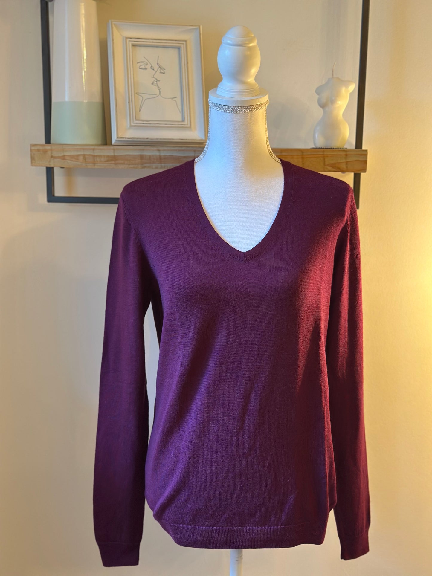 Pull col V uni bordeaux en laine T.38