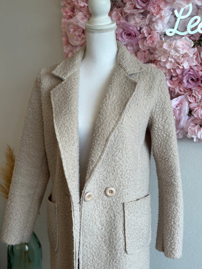 Manteau en bouclette teddy mi-long, couleur crème, T.36/38