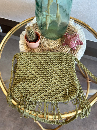 Sac en bandoulière kaki, bohème en macramé fait main