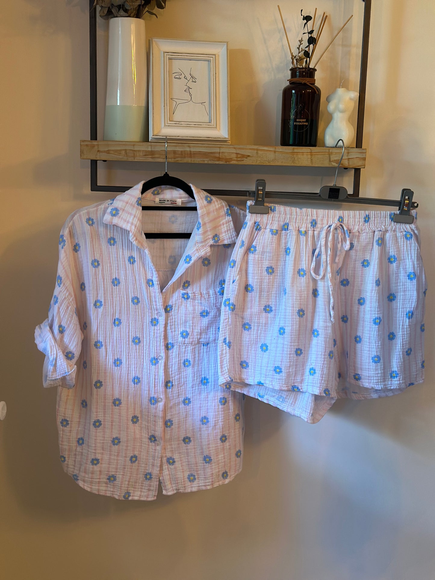 Ensemble 2 pièces imprimé fleurs en gaze de coton Made in Italy T.U