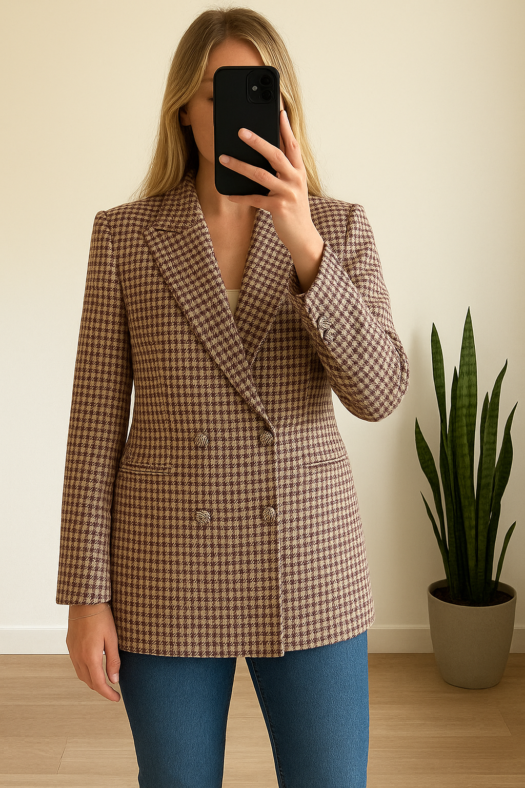 Veste blazer à carreaux pied-de-poule T.38