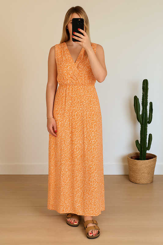 Robe longue imprimé fleuri orange T.34