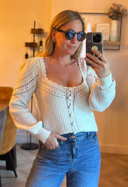 Pull Moira maille ajourée écru en laine mérinos et coton bio T.36