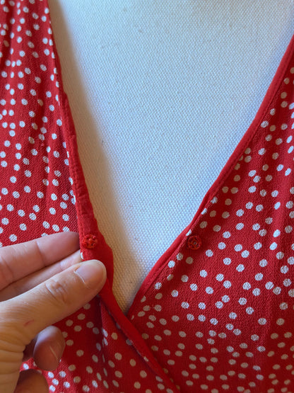 Robe portefeuille à pois rouge et blanc en viscose T.34