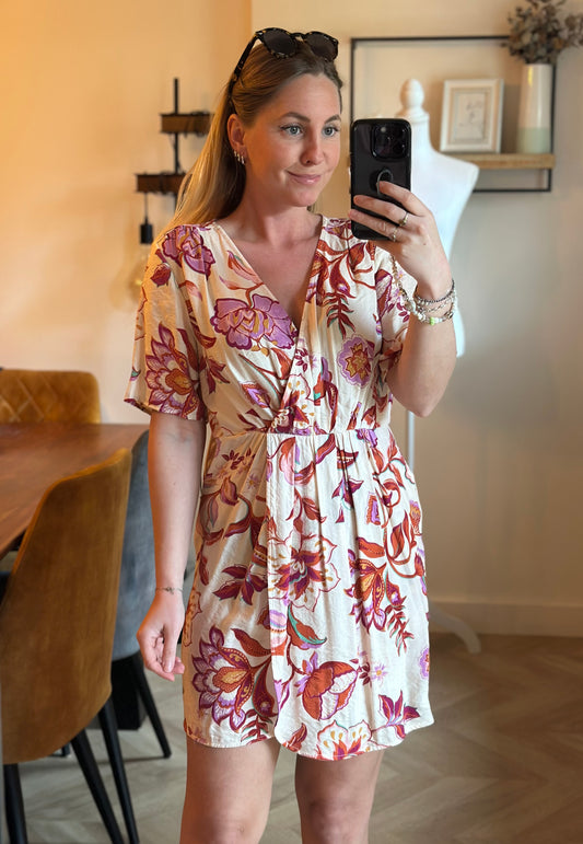 Robe courte cache-cœur imprimé floral neuf avec étiquette T.34