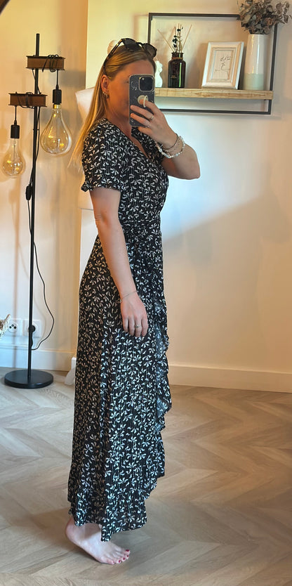 Robe portefeuille noire imprimé fleuri lurex argenté T.36