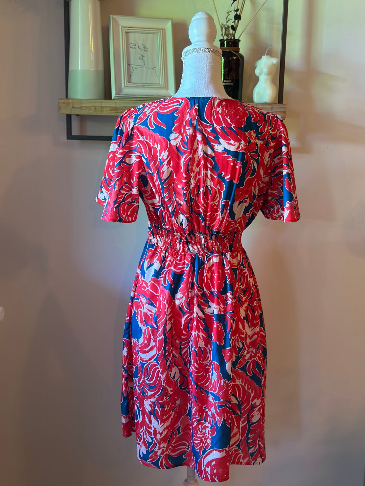 Robe fluide imprimé tropical rouge bleu T.38/40