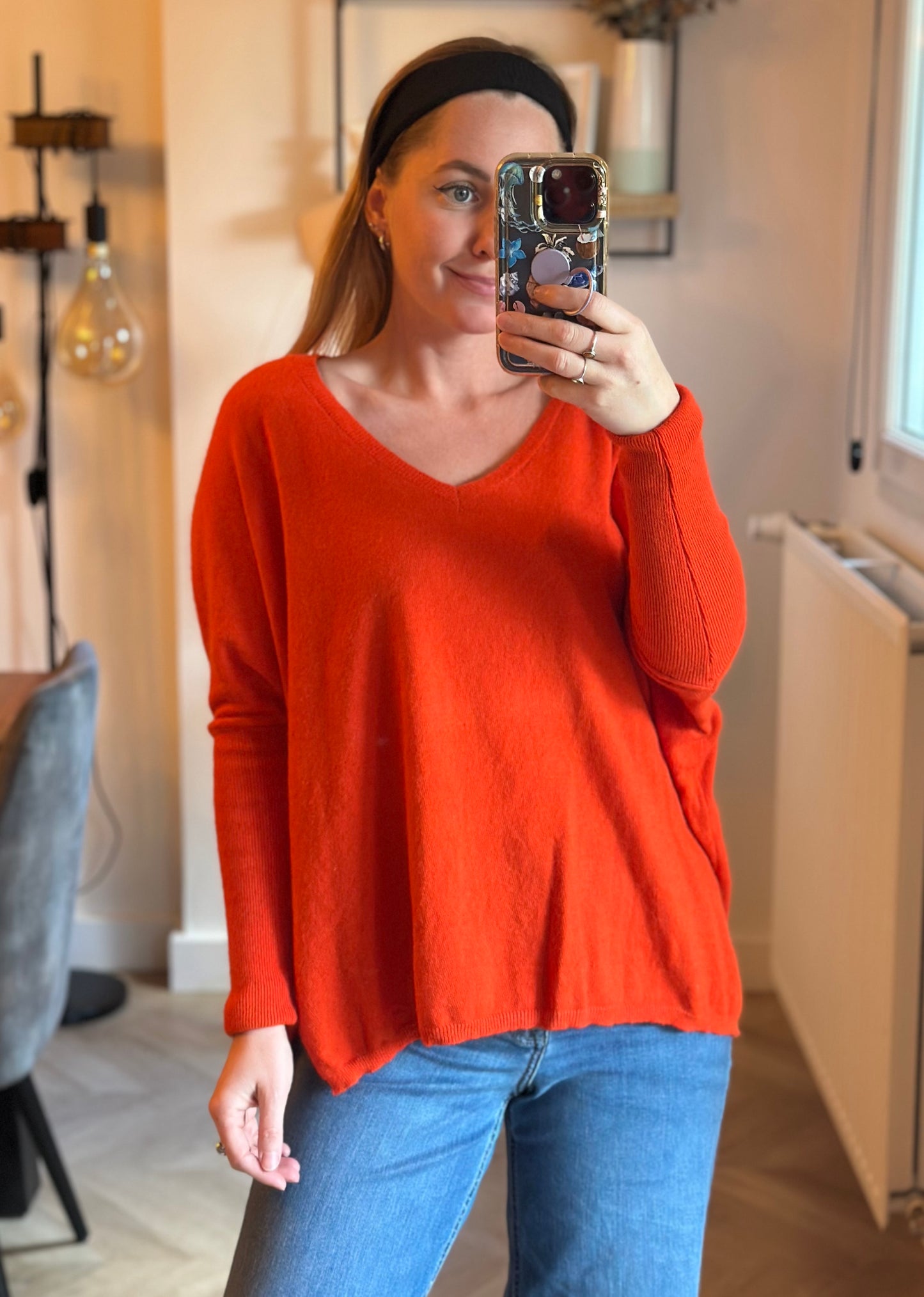 Pull rouge col V angora laine T.36
