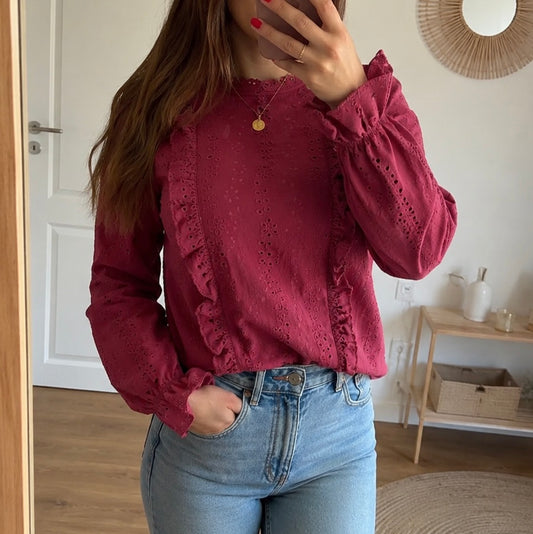 Blouse broderie anglaise rose framboise en coton T.34