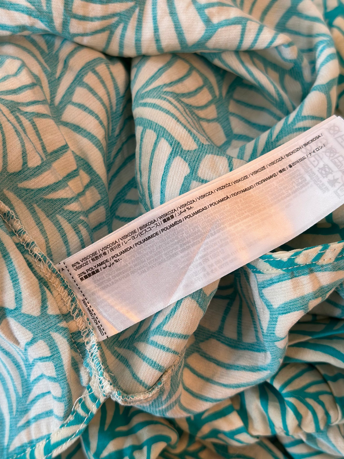 Robe d’été cache-cœur imprimé turquoise et blanc T.38