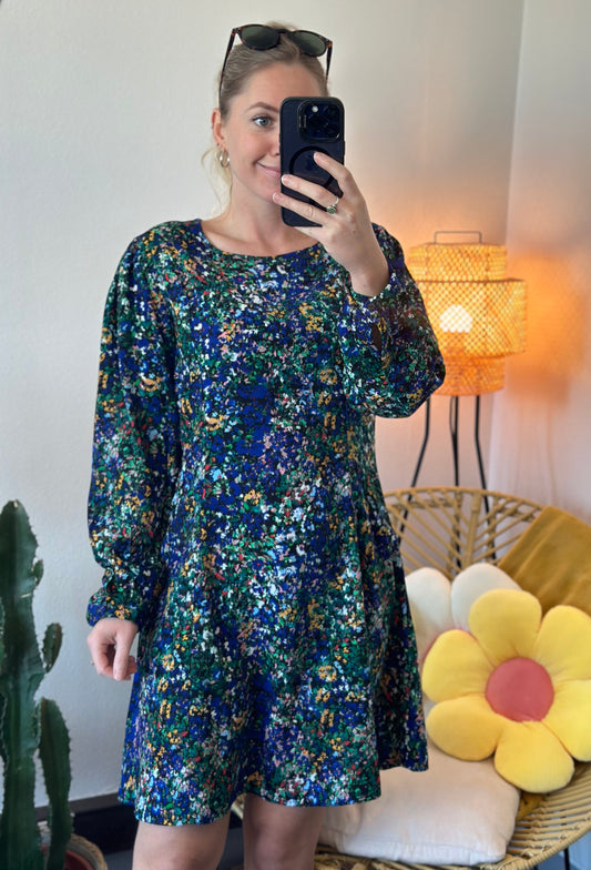 Robe fluide bleue à motifs fleuris colorés T.36