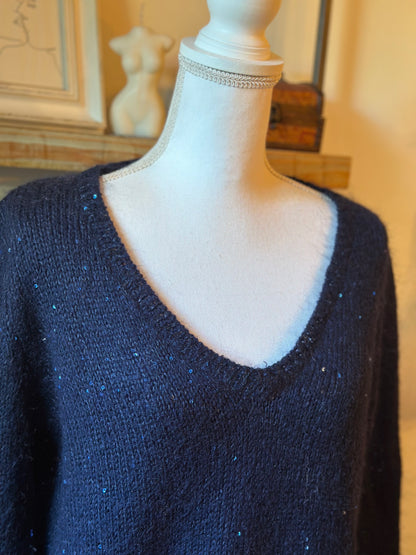 Pull à sequins mohair et laine bleu marine T.38